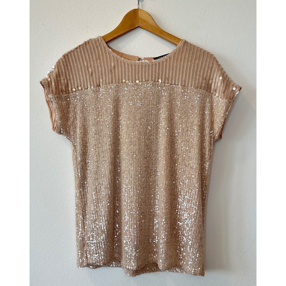 Cable & Gauge Women's Small Champagne Sequin Top Short Sleeve Party Blouse